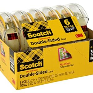 Scotch Double Sided Tape, 1/2 in x 500 in, 6 Dispensered Rolls (6137H-2PC-MP)