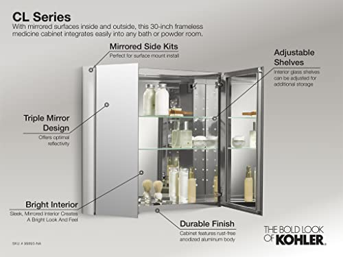 KOHLER CB-CLC3026FS CLC Flat 30" W x 26" H Two Medicine Cabinet with Mirrored Doors, Beveled Edges, 30x26x5 inches, Anodized Aluminum