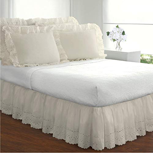 Fresh Ideas Ruffled Bed Pillow Shams with Embroidered Eyelet Detail, Standard, Ivory, 2-Pack