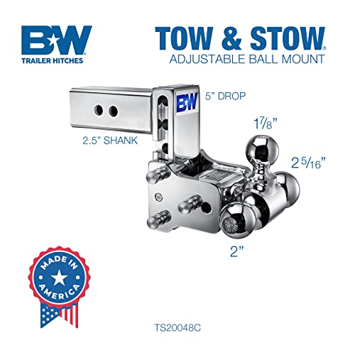 B&W Trailer Hitches Chrome Tow & Stow Adjustable Trailer Hitch Ball Mount - Fits 2.5" Receiver, Tri-Ball (1-7/8" x 2" x 2-5/16"), 5" Drop, 14,500 GTW - TS20048C