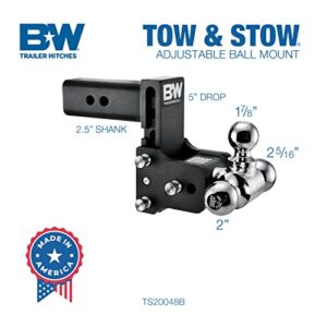 B&W Trailer Hitches Tow & Stow Adjustable Trailer Hitch Ball Mount - Fits 2.5" Receiver, Tri-Ball (1-7/8" x 2" x 2-5/16"), 5" Drop, 14,500 GTW - TS20048B