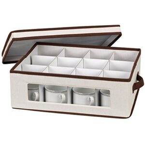 Household Essentials 538 Vision China Storage Box for Tea Cups and Mugs with Lid and Handles | Natural Canvas with Brown Trim