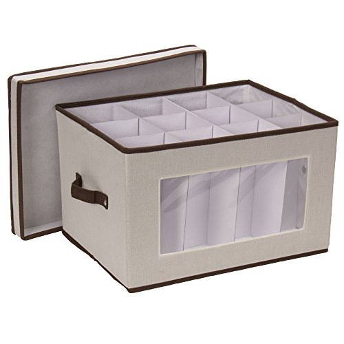 Household Essentials Natural 540 Vision Storage Box with Lid and Handles |Stemware and Glasses for Cocktails Beige Canvas with Brown Trim