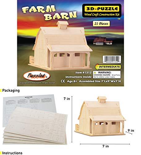 Puzzled 3D Puzzle Farm Barn Set Wood Craft Construction Model Kit, Fun & Educational DIY Wooden Toy Assemble Model Unfinished Crafting Hobby Puzzle to Build and Paint for Decoration 21 Pieces Pack