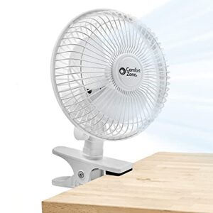 comfort zone cz6c 6-inch quiet portable indoor 2-speed desk fan with clip and fully adjustable tilt, white for home, office, bedroom