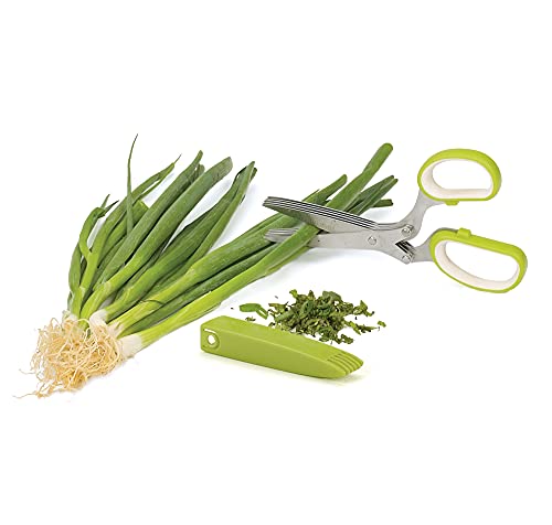 RSVP International (SNIP) Stainless Steel 5 Blade Herb Scissors, Green/White | Cut, Chop, Mince & Snip Herbs | Easy & Safe to Store | Use with Basil, Thyme, Parsley & More | Dishwasher Safe