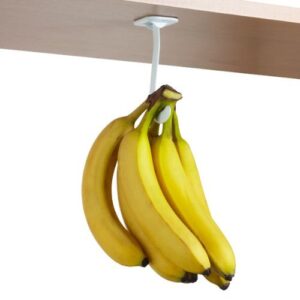 banana hook hanger under cabinet hook ripens bananas with less bruises | hang other lightweight kitchen items, folds up out of sight when not in use, self-adhesive + pre-drilled screw holes (white)
