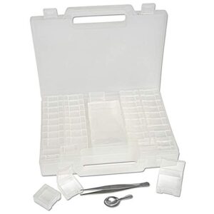 the beadsmith bead organizer carrying case, 55 piece set, with removable compartments in assorted sizes, a carrying case, plus a bead scoop and tweezer.