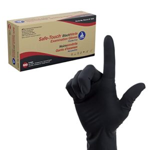 dynarex safe-touch black disposable nitrile exam gloves, powder-free, used in healthcare and professional settings, law enforcement, tattoo, salon or spa, large, 1 box of 100 gloves
