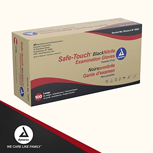 Dynarex Safe-Touch Black Disposable Nitrile Exam Gloves, Powder-Free, Used in Healthcare and Professional Settings, Law Enforcement, Tattoo, Salon or Spa, Large, 1 Box of 100 Gloves