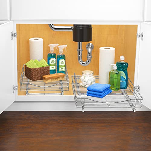 LYNK PROFESSIONAL® Pull Out Cabinet Organizer - Slide Out Pantry Shelves - Sliding Storage for Inside Kitchen Cabinet or Under Sink - Roll Out Drawer for Pots, Pans - 14" Wide x 21" Deep - Chrome