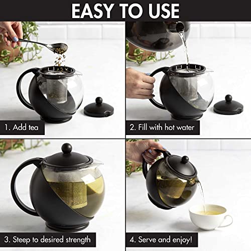 Primula Half Moon Teapot with Removable Infuser, Glass Tea Maker, Stainless Steel Filter, Dishwasher Safe, 40-Ounce, Black