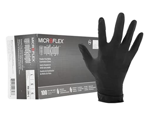 Microflex MK-296 Black Disposable Nitrile Gloves, Latex-Free, Powder-Free Glove for Mechanics, Automotive, Cleaning or Tattoo Applications, Medical/Exam Grade, Size Large, Case of 1000 Units