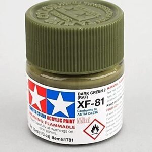 tamiya america, inc acrylic mini xf-81 dark green 2 raf 10ml bottle, tam81781