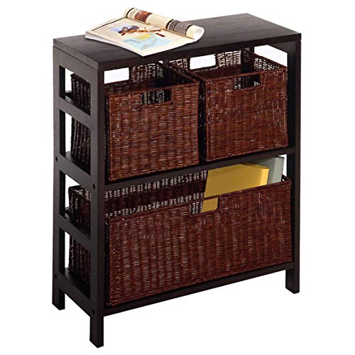Winsome Wood Leo Wood 3 Tier Shelf with 3 Rattan Baskets - 1 large; 2 small in Espresso Finish