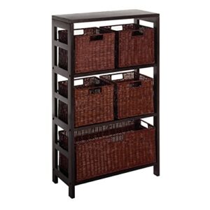 Winsome Wood Leo Wood 4 Tier Shelf with 5 Rattan Baskets - 1 large; 4 small in Espresso Finish