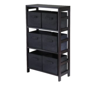 winsome wood capri wood 3 section storage shelf with 6 black fabric foldable baskets