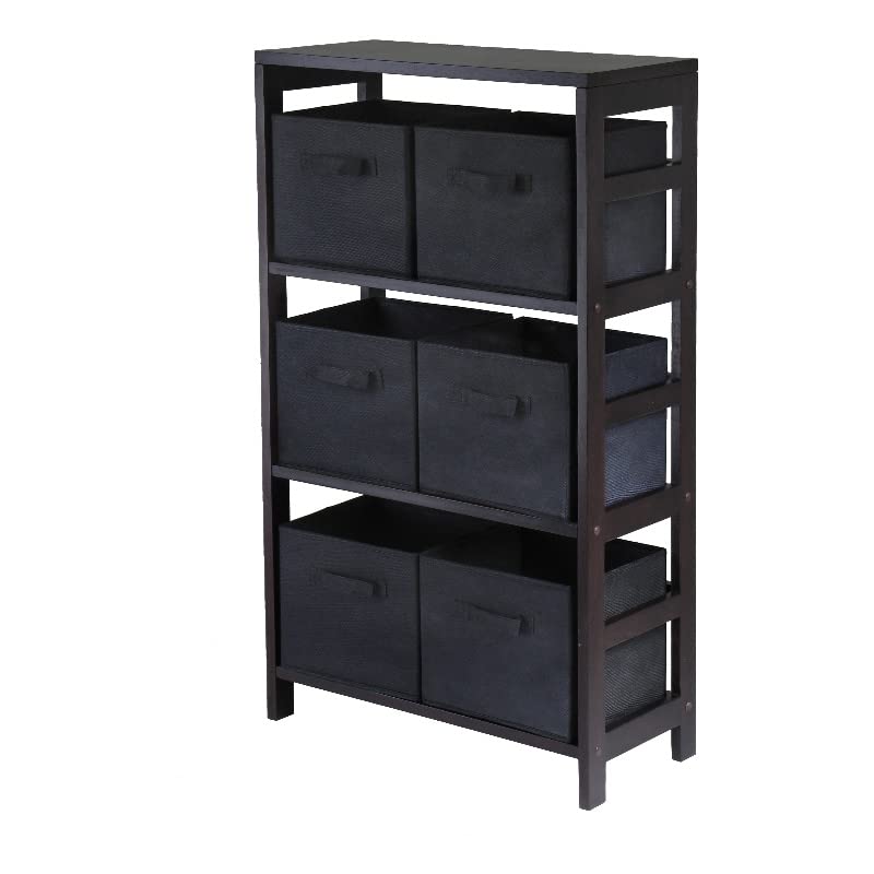 Winsome Wood Capri Wood 3 Section Storage Shelf with 6 Black Fabric Foldable Baskets