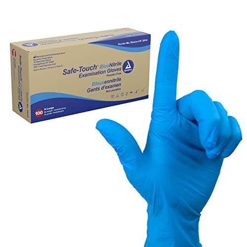 Dynarex Safe-Touch Disposable Nitrile Exam Gloves, Powder-Free, Latex-Free, Touchscreen Friendly & Used by Professionals, Blue, Extra-Large, 1 Box of 100 Gloves