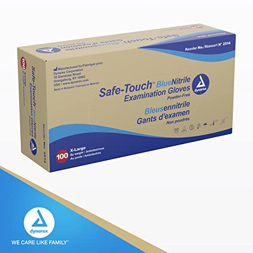 Dynarex Safe-Touch Disposable Nitrile Exam Gloves, Powder-Free, Latex-Free, Touchscreen Friendly & Used by Professionals, Blue, Extra-Large, 1 Box of 100 Gloves