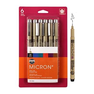 sakura pigma micron fineliner pens – archival black and colored ink pens – pens for writing, drawing, or journaling – black and colored ink – 05 point size – 6 pack