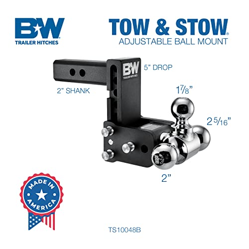 B&W Trailer Hitches Tow & Stow Adjustable Trailer Hitch Ball Mount - Fits 2" Receiver, Tri-Ball (1-7/8" x 2" x 2-5/16"), 5" Drop, 10,000 GTW - TS10048B