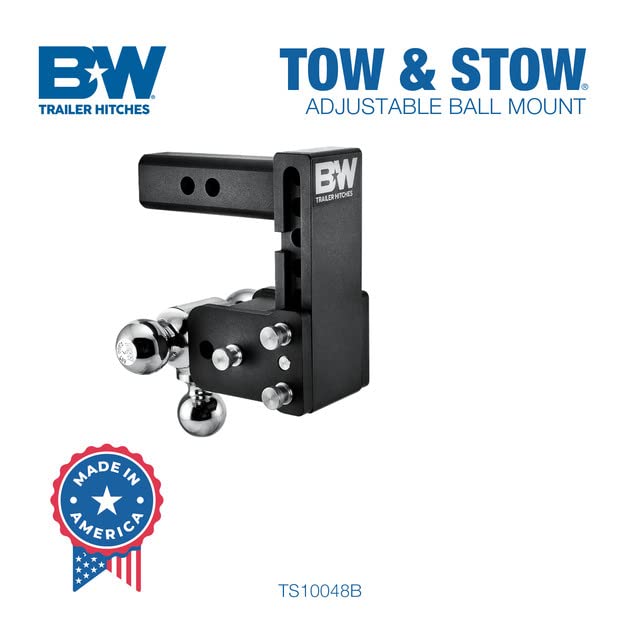 B&W Trailer Hitches Tow & Stow Adjustable Trailer Hitch Ball Mount - Fits 2" Receiver, Tri-Ball (1-7/8" x 2" x 2-5/16"), 5" Drop, 10,000 GTW - TS10048B