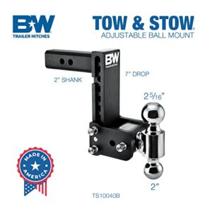 B&W Trailer Hitches Tow & Stow Adjustable Trailer Hitch Ball Mount - Fits 2" Receiver, Dual Ball (2" x 2-5/16"), 7" Drop, 10,000 GTW - TS10040B