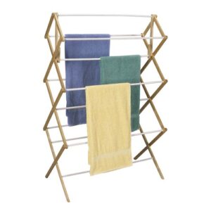 household essentials folding clothes drying rack, wood frame with vinyl dowels