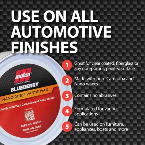 Malco Nano Care Blueberry Paste Wax - Creates High Gloss Finish and Long-Lasting Shine / Premium Paste Wax for Use on Fiberglass, Gel Coat and Painted Vehicle Finishes / 14 Oz. (126614)