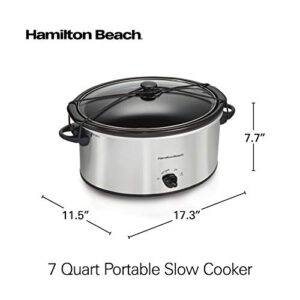 Hamilton Beach 7-Quart Portable Slow Cooker Serves 8+, Dishwasher Safe Crock, Lid Latch Strap for Travel, Brushed Silver