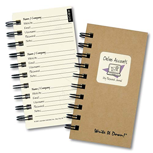 Journals Unlimited "Write it Down!" Series Guided Journal, Online Accounts, My Password Journal, with a Kraft Hard Cover, Made of Recycled Materials, 3.5”x8.5”