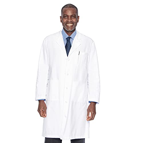 Landau Relaxed Fit 3-Pkt 5-Knot Cloth Button Full-Length Lab Coat for Men 3138, White, 42