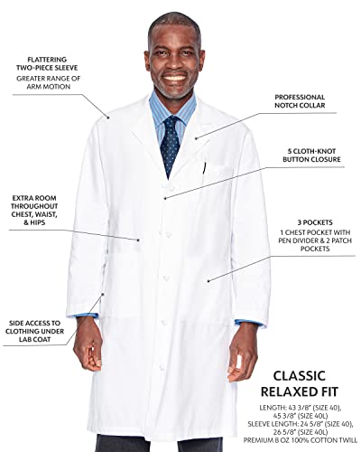 Landau Relaxed Fit 3-Pkt 5-Knot Cloth Button Full-Length Lab Coat for Men 3138, White, 42