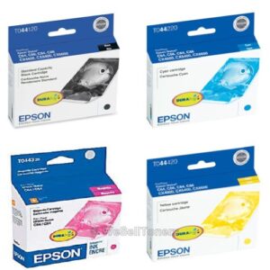 epson ink cartridge multipack with 1 each t044120 black, t044220 cyan, t044320 magenta, t044420 yellow