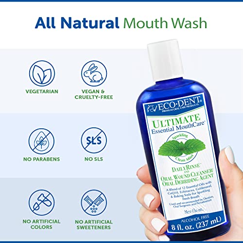 EcoDent Ultimate Sparkling Clean Mint Daily Mouth Rinse, Wound Cleaner, Essential Oils, Baking Soda, Co-Q10, Mouthwash, Fluoride Free Mouthwash (2-pack, 8 Fl Oz Ea)