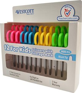 westcott 13140 right- and left-handed scissors, kids’ scissors, ages 4-8, 5-inch blunt tip, assorted, 12 pack