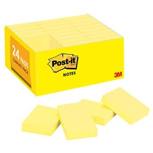 post-it mini notes, 1.5 in x 2 in, 24 pads, america’s #1 favorite sticky notes, canary yellow, clean removal, recyclable (653-24vad)
