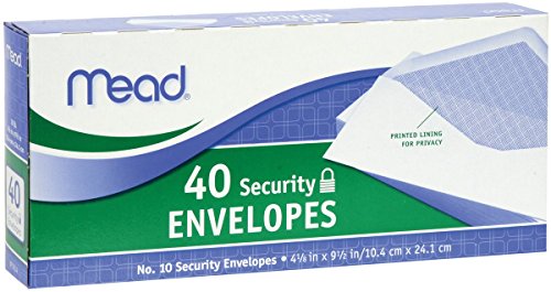 Mead #10 Envelopes, Security Printed Lining for Privacy, Gummed Closure, All-Purpose 20-Ib Paper, 4-1/8" x 9-1/2", White, 40/Box (75214)