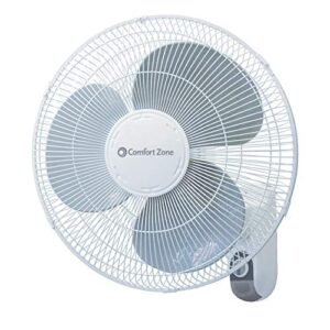 comfort zone cz16w 16” 3-speed oscillating wall-mount fan with adjustable tilt, metal grille, 90-degree oscillation, white