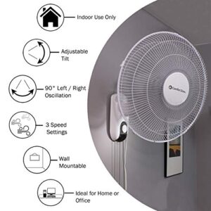 Comfort Zone CZ16W 16” 3-Speed Oscillating Wall-Mount Fan with Adjustable Tilt, Metal Grille, 90-Degree Oscillation, White