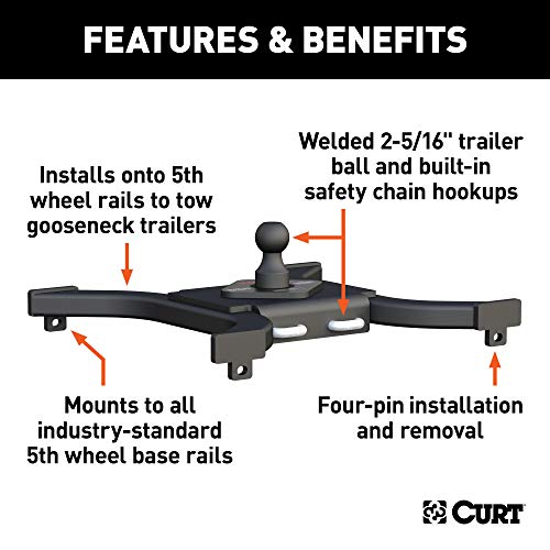 CURT 16085 Spyder 5th Wheel to Gooseneck Adapter Hitch, Fits Industry-Standard Rails, 25,000 lbs, 2-5/16-Inch Ball