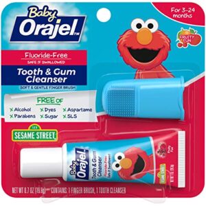 orajel elmo fluoride-free tooth & gum cleanser with finger brush, combo pack, fruity fun flavored non-fluoride, 0.7 oz.