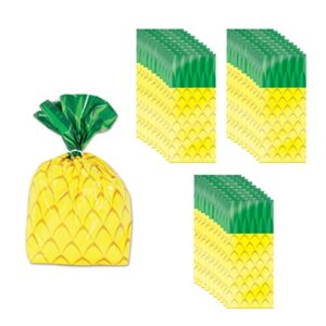 Beistle 75 Piece Tropical Treat Favor Bags - Luau Party Pineapple Cello Candy Bags With Twist Ties