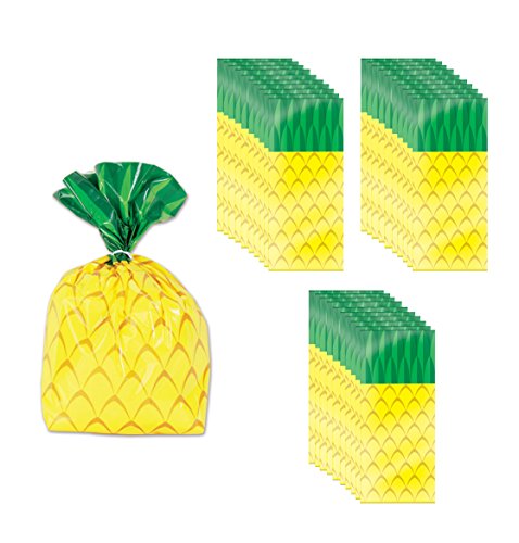Beistle 75 Piece Tropical Treat Favor Bags - Luau Party Pineapple Cello Candy Bags With Twist Ties