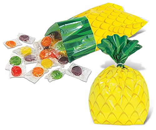 Beistle 75 Piece Tropical Treat Favor Bags - Luau Party Pineapple Cello Candy Bags With Twist Ties