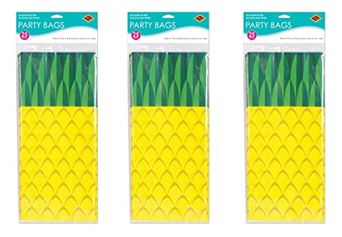 Beistle 75 Piece Tropical Treat Favor Bags - Luau Party Pineapple Cello Candy Bags With Twist Ties