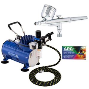 master airbrush multi-purpose gravity feed dual-action airbrush kit with 6 foot hose and a powerful 1/5hp single piston quiet air compressor