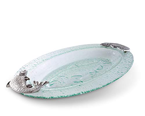 Arthur Court Designs Aluminum Salmon Fish Bagel Lox Glass Platter 20 inch x 11.5 inch