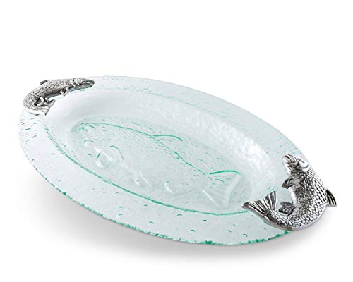 Arthur Court Designs Aluminum Salmon Fish Bagel Lox Glass Platter 20 inch x 11.5 inch